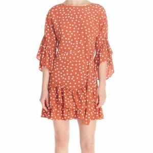 NWT Maje Imprime Orange Polka Dot Faux Wrap Mini Dress Ruffle Hem 2 or Medium